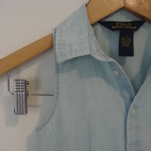 Polo Ralph Lauren Girls Chambray Denim Dress Pony Sleeveless Collar Cotton Siz 6 - Picture 6 of 14